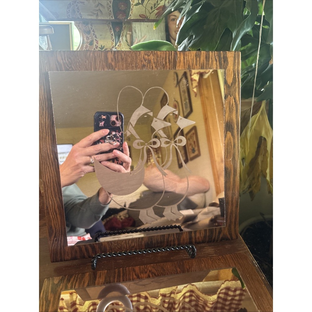 Square Wall Mirror Set with Country Ducks Brown In Chef Hats Wood Frame